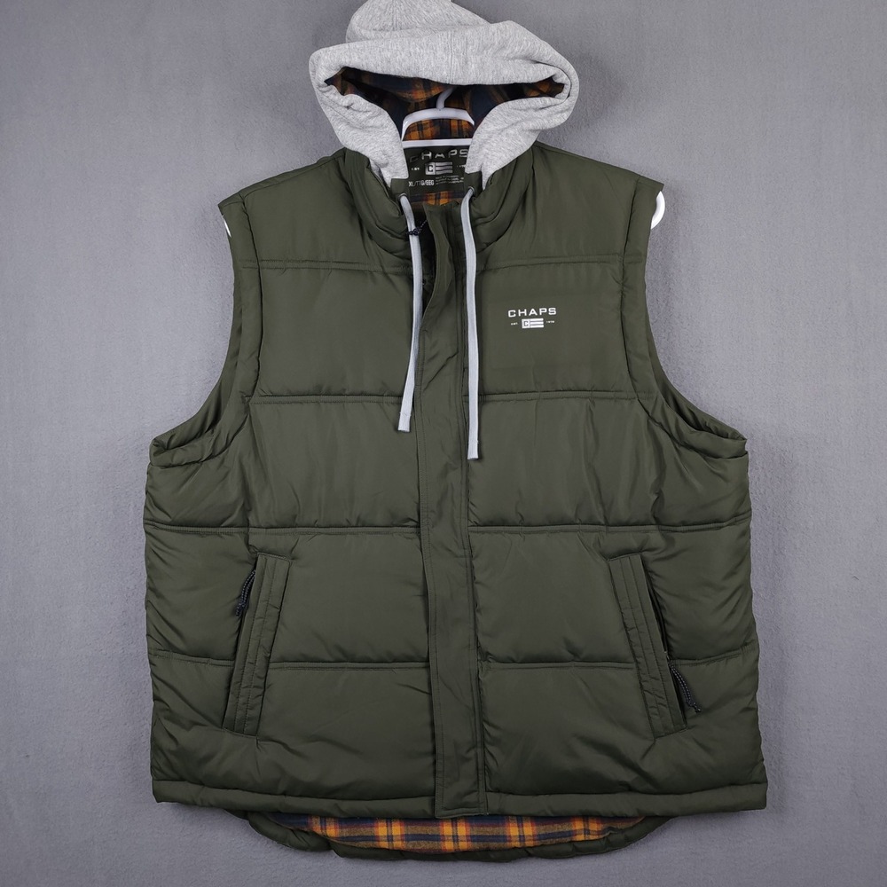 Chaps Green Puffer Vest Mens XXL Hooded Plaid Lined Zip/Snap Quilted Performance